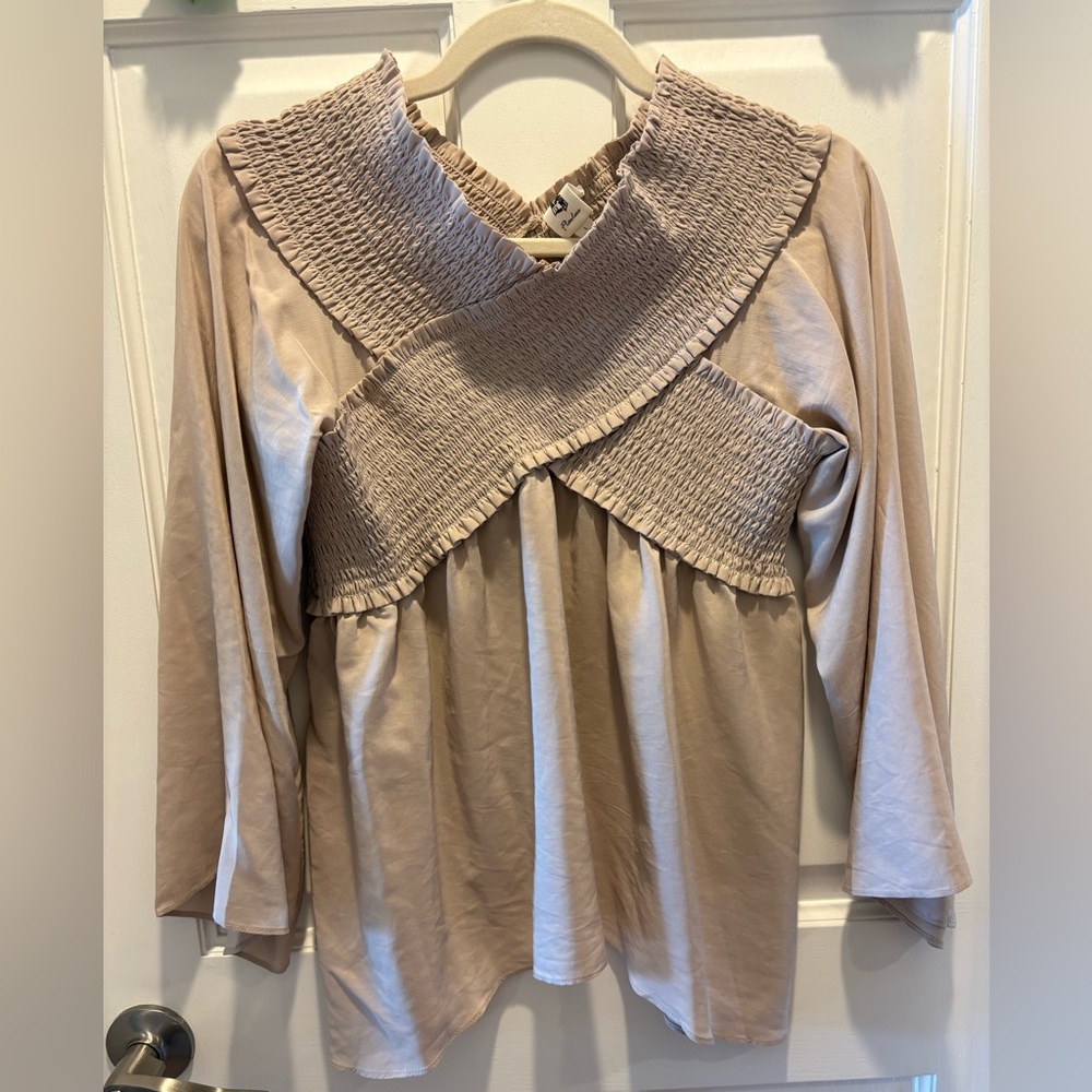 LAWLESS Taupe Smocked Blouse off the shoulder